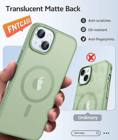FNTCASE for iPhone 15 Case: for iPhone 14 Case & iPhone 13 Case [Compatible with Magsafe] Translucent Matte Cases with [Screen Protector] Military Grade Shockproof Protective Phone Cover - Light Moss