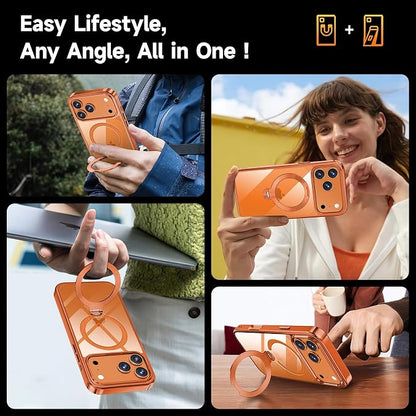 [Tri-Shield Protection] for iPhone 17 Pro Case with 360° Spin Stand Compatible with MagSafe [Magnetic CD Ring] [Screen & Camera Lens Protector] Shockproof Plating Never-Yellowing, Cosmic Orange-6.3"