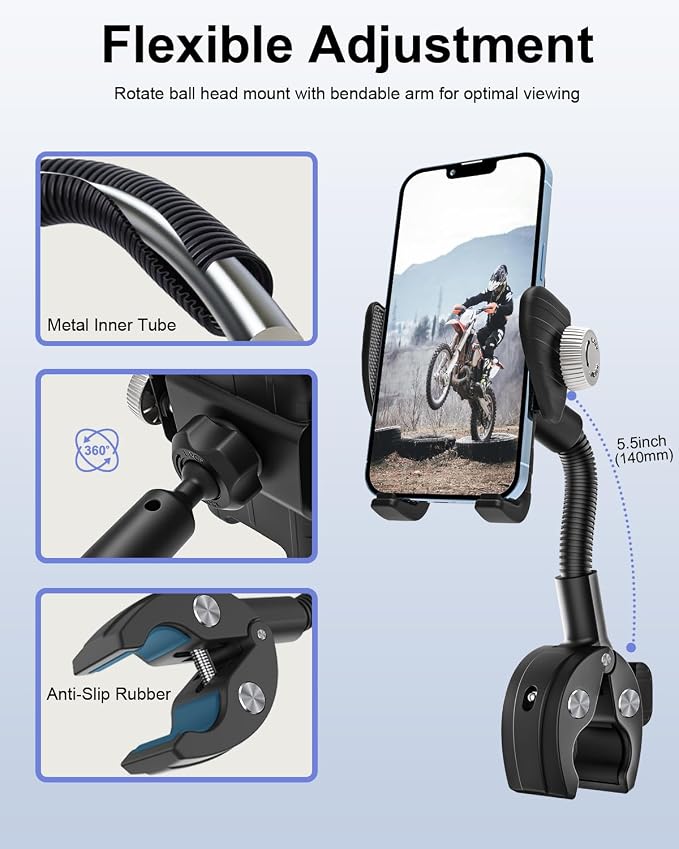 woleyi Gooseneck Phone Holder for Bike - Motorcycle Phone Mount, 360° Rotatable Adjustable Cell Phone Handlebar Clamp, Scooter Phone Clip, for iPhone Air 17 Pro Max 16 1514 13, S25, 4.7-7" Smartphones