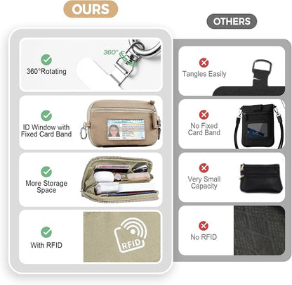 Tiostep Clip and Go Strap for Phone with Wallet Crossbody Phone Lanyard with Anti-Theft Zipper Pouch Detachable Quilted Wrist Wallet with RFID and ID Window for Daily Travel. Khaki