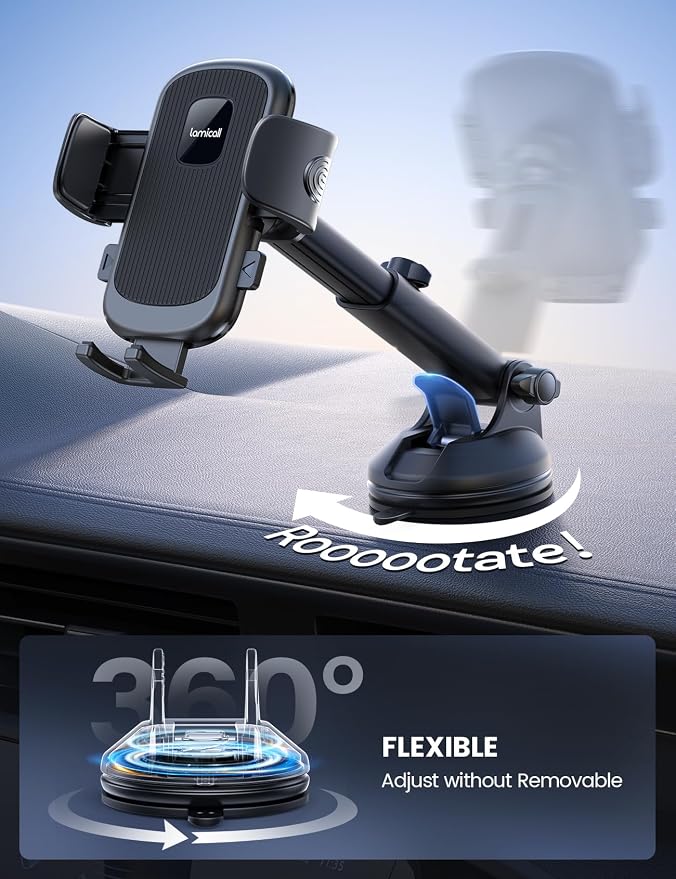 Lamicall Car Phone Holder [3-in-1 Pro Version Suction Cup] 360° Rotation Phone Holders for Your Car [Metal Hook] Cell Phone Car Mount Dashboard Vent Windshield for iPhone 17 16 15 Pro Max Smartphone