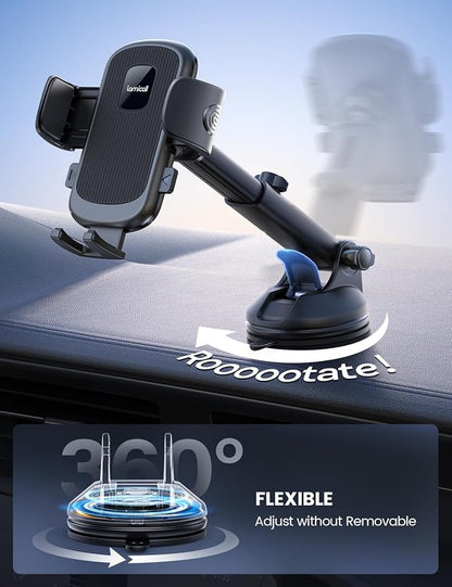 Lamicall Car Phone Holder [3-in-1 Pro Version Suction Cup] 360° Rotation Phone Holders for Your Car [Metal Hook] Cell Phone Car Mount Dashboard Vent Windshield for iPhone 17 16 15 Pro Max Smartphone
