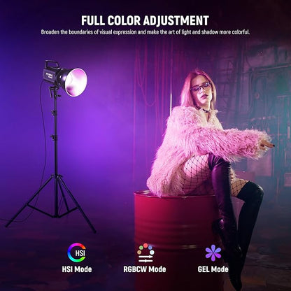 NEEWER 130W RGB LED Video Light APP/2.4G Control 17 Effects, 2500-7500K 19800lux/1m COB Continuous Lighting Output with CRI97/TLCI98 4 Dimming Curves, Bowens Mount Spotlight for Studio Shoots, FS150C