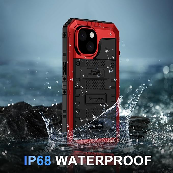 Beasyjoy for iPhone 15 Case Waterproof, Metal Heavy Duty Full Body Protective Case with Built-in Screen Protector, Military Grade Shockproof Dustproof Defender Rugged Cover for iPhone 15 6.1", Red