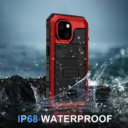 Beasyjoy for iPhone 15 Case Waterproof, Metal Heavy Duty Full Body Protective Case with Built-in Screen Protector, Military Grade Shockproof Dustproof Defender Rugged Cover for iPhone 15 6.1", Red