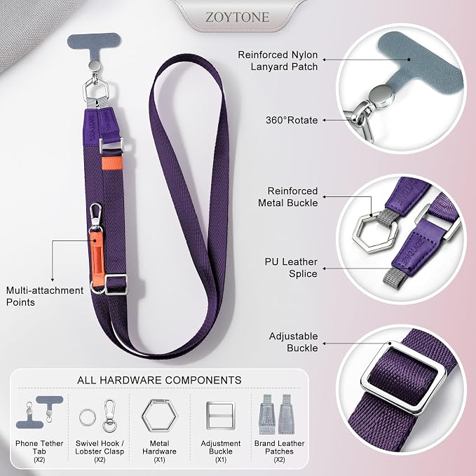 Phone Lanyard Crossbody with 2 Phone Tabs, Adjustable Anti Theft Phone Strap for iPhone & Android, Universal Skin-Friendly Cell Phone Neck Lanyard for Travel Hiking Cycling Shopping (Purple)