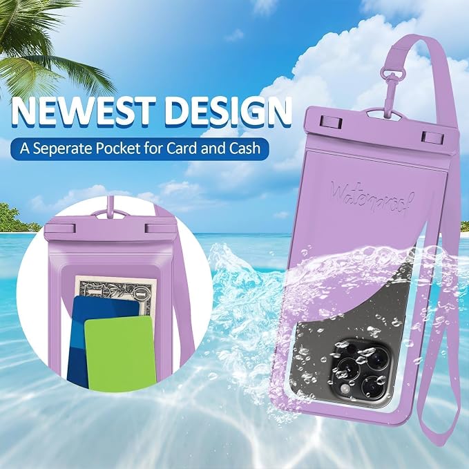 Universal Waterproof Phone Case, with Inside Card Holder, Large Dry Bag Compatible for iPhone 17 16 15 14 13 12 Pro Max XS Plus for Galaxy S22, IPX8 Beach Travel Essentials, 1 Pack-Purple-8.3″