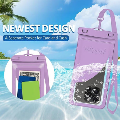 Waterproof Phone Pouch, with Interior Card Pocket, Large Waterproof Phone Case for iPhone 17 16 15 14 Pro Max, IPX8 Lightweigt Cellphone Dry Bag, Beach Cruise Ship Essential,2 Pack-Purple-8.3″