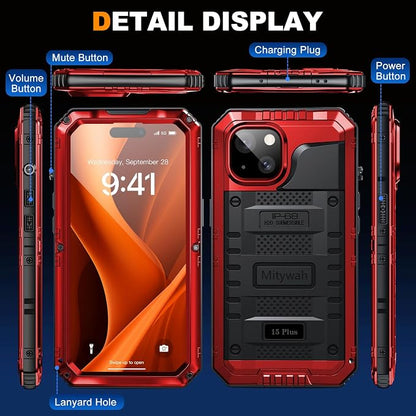 Mitywah Waterproof Case for iPhone 15 Plus, Heavy Duty Shockproof Case with Built-in Screen Protector, Full Body Underwater Protective Metal Case 6.1 inch, Red