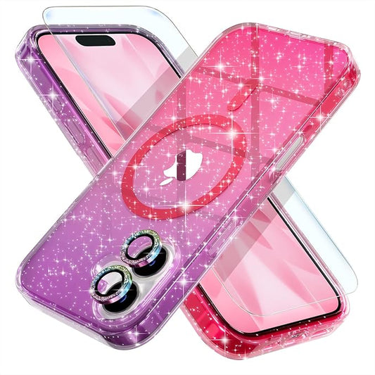 Choiche Magnetic for iPhone 17 Case Compatible with MagSafe, Women Cute Glitter Sparkly Phone Case with Diamond Camera Lens Protectors, Military-Grade Drop Protection 6.3" (Purple/Pink)
