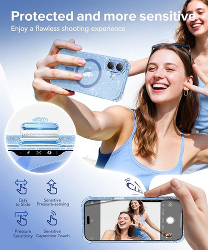 BERFY for iPhone 17 Case for Women, Clear Glitter Shockproof Protective Case, Anti-Yellowing, with Screen Protector & Camera Lens Protector 6.3", Magnetic Sparkle Blue