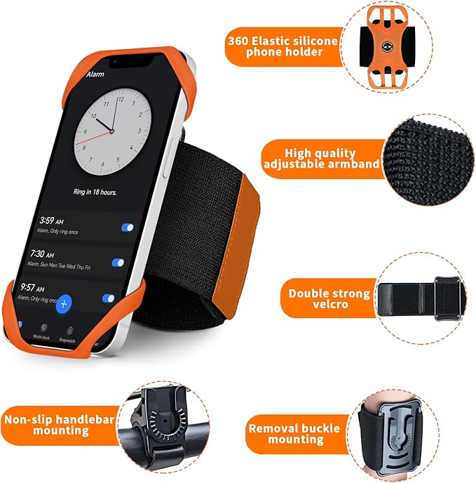 3in1 Phone Holder for Running,Arm Band/Wrist Holder/Bike Mount,Phone Armbands 360° Rotation & Detachable Fit All 4.5-7" Phone for iPhone 17/16/15/Pro/14/13/12/mini/Pro Max/XS/XR (Orange)