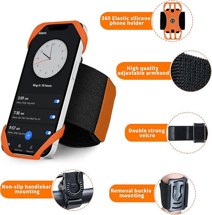 3in1 Phone Holder for Running,Arm Band/Wrist Holder/Bike Mount,Phone Armbands 360° Rotation & Detachable Fit All 4.5-7" Phone for iPhone 17/16/15/Pro/14/13/12/mini/Pro Max/XS/XR (Orange)