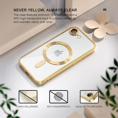 Misea Magnetic for iPhone 17e / 16e Case Compatible with MagSafe [Never Yellowing] [Military Grade Drop Protection] Full Camera Lens Protector Plating Soft Clear Phone Case for Women 6.1 inch, Gold