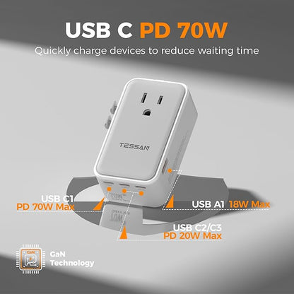 TESSAN Universal Travel Adapter 70W, Type C G A I | Ultra Thin, 4 USB Ports (3 USB C), Worldwide Plug for US to European UK Australia Spain France Ireland