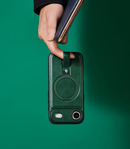 for iPhone Air Leather Case with Stand, Anti-Slip Grip Ring, Fits for MagSafe (Green,iPhone Air)