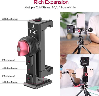 Metal Phone Tripod Mount 3 Cold Shoes & Arca Port, 360° Smartphone Tripod Adapter for iPhone 17 16 15 Cell Phone Stand Holder for Desktop Video Live Streaming Vlogging Rig