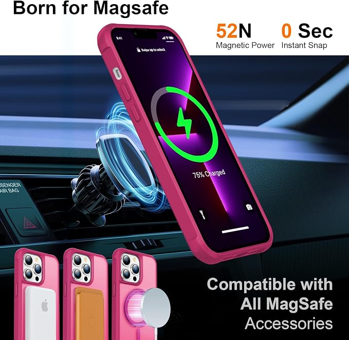 360° Magnetic Swivel Ring for iPhone 13 pro max case, Built-in Metal Stand and Ring Holder, Magsafe Compatible, Military Grade Protection, Shock and Vibration Resistant- Rose Pink