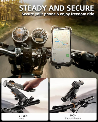Delobon Motorcycle Phone Mount with Safety Lock, One-Hand Operation Bike Phone Holder for Electric Scooter/ATV/Bicycle Handlebar, for iPhone Samsung 4.7–7.0 in Smartphones