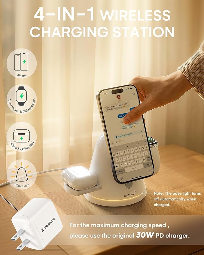 3 in 1 Charging Station for Apple Devices,Qi2 Mag-Safe Charger Stand & Light,Fast Wireless Charging Station for iPhone 17/16/15/14/13/12& AirPods & iWatch &Pixel 10 & Samsung Galaxy Watch(30W Adapter)