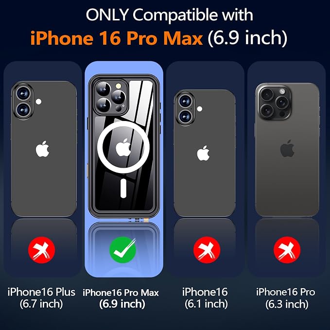 xiwxi for iPhone 16 Pro Max Case Waterproof,[IP68 Underwater][Built-in Screen Protector ][Compatible with MagSafe][15FT Military Dropproof][Dustproof] Full Body Shockproof Protective Phone Case 6.9"