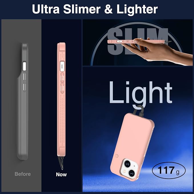 GIN FOXI Battery Case for iPhone 15/15 Pro, Charging Case Charger 7000mAh Portable Rechargeable Cover 15W Fast Ultra Slim Extended Battery Pack Juice Box Built-in Cable, Pink(6.1”)