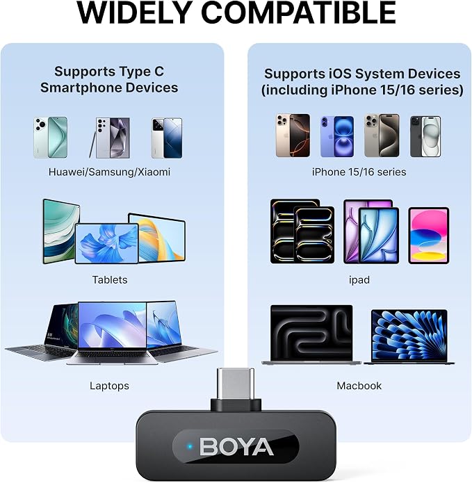 BOYA BY-V10 Wireless Microphones for iPhone 15/16 Series, Android/Laptop with USB-C Port, 328ft Range, 9H Battery Life, Noise Reduction Mini Mic Clip on Lapel Microphone Wireless for Video Recroding