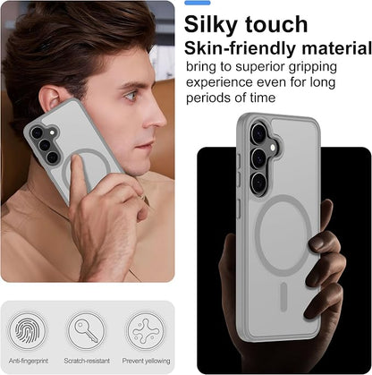 For Samsung Galaxy S24 Case & Galaxy S25 Case [Compatible with Magsafe] Translucent Matte Magnetic Phone Case,Slim Thin Duty Shockproof Protection Cover with 2pc HD Screen Protector for S24/S25-Gray