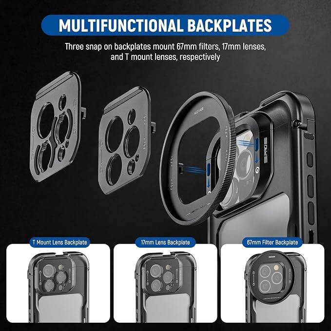 NEEWER 16 Pro Cage, Quick Release Video Rig Phone Stabilizer Compatible with iPhone 16 Pro with 67mm Filter Adapter, 17mm Lens Backplate, T Mount Lens Adapter Compatible with Moment, PA073