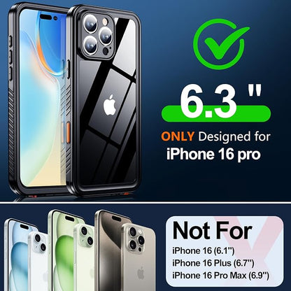 MOZOTER for iPhone 16 Pro Case Waterproof,[IPX8 Underwater Case][Full Body Shockproof & Military Dropproof] Clear Sound Quality Built-in Screen Protector for iPhone 16 Pro 6.3 inch-Black