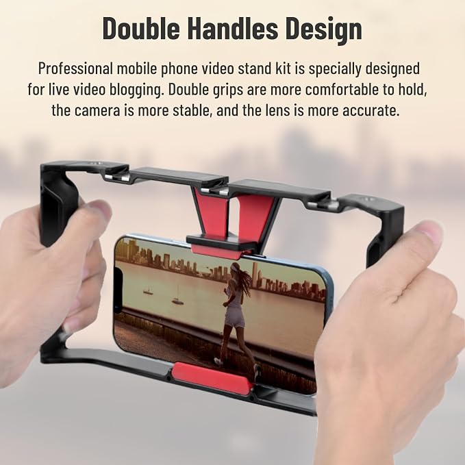 Smartphone Video Rig, Phone Video Stabilizer Grip Vlogging Cage with Cold Shoe 1/4 Screw Hole, Phone Handheld Rig for Videomaker Film Maker Video Grapher Live Recording