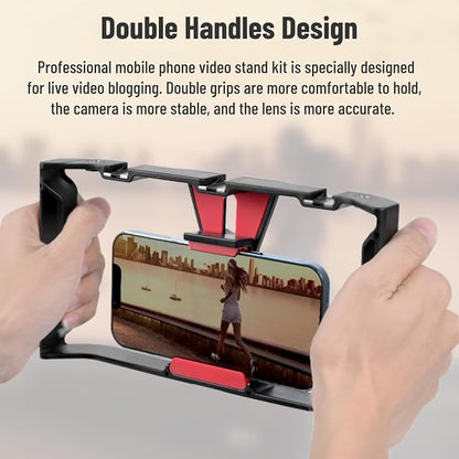 Smartphone Video Rig, Phone Video Stabilizer Grip Vlogging Cage with Cold Shoe 1/4 Screw Hole, Phone Handheld Rig for Videomaker Film Maker Video Grapher Live Recording