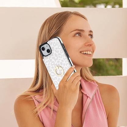 HAOPINSH for iPhone 13/ iPhone 14 Wallet Case with Card Holder, 360°Rotation Ring Kickstand, White Leopard Cheetah Pattern, RFID Blocking Leather for Girls Women, Double Buttons Flip 6.1"