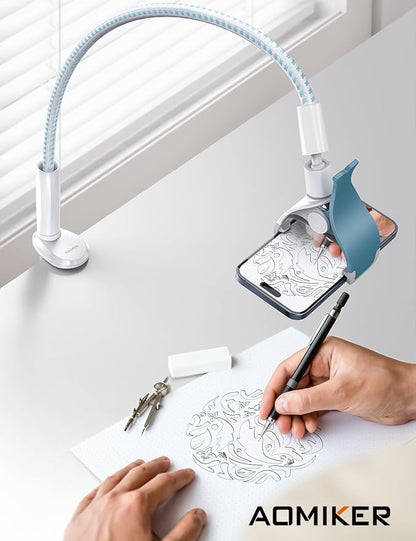 Aomiker Gooseneck Phone Holder for Bed - [Upgrade Nylon Braid] 38” Flexible Lazy Arm Clip, 360 Adjustable Overhead Phone Mount for iPhone 16 15 14 13 12 11 Pro Max Mini Plus, 4-7" Cellphone - White