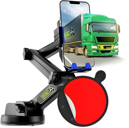 Cell Phone Mount for Truck Phone Holder for Truck Drivers - Heavy Duty Suction Cup + Dashboard Pad, iPhone Holder for Dashboard Window 16.9 inch Long, for iPhone & Samsung, Commercial Trucker, Blue