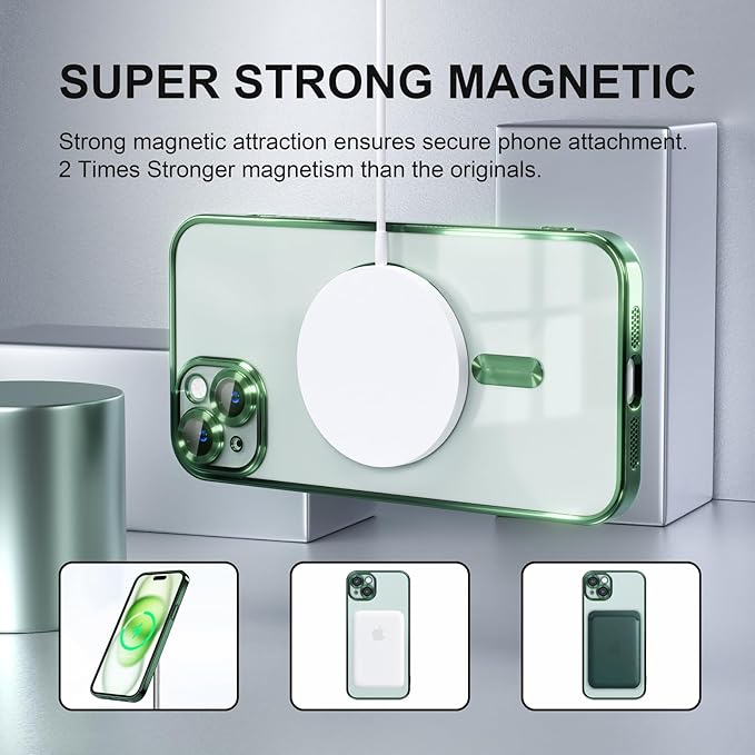 Misea Magnetic for iPhone 15 Plus Case Compatible with MagSafe [Never Yellowing] [Military Grade Drop Protection] Full Camera Lens Protector Plating Soft Clear Phone Case for Women, Green