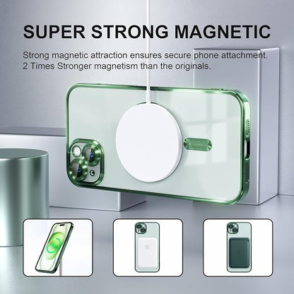 Misea Magnetic for iPhone 15 Case Compatible with MagSafe [Never Yellowing] [Military Grade Drop Protection] Full Camera Lens Protector Plating Soft Clear Phone Case for Women, Green