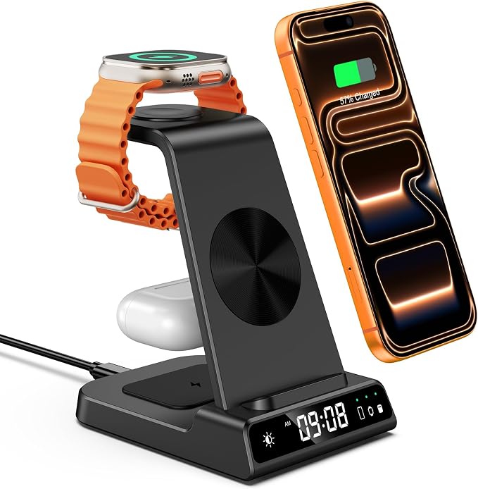 Wireless Charger for iPhone 17, 3 in 1 Charging Station for Apple Watch Watch 11/10/9/8/7/6/5, Ultra 3/SE 3, for iPhone 17/16/15/14/13/12/11/X Series, for Air Pods Pro 3/4/Pro 2 (No Adapter)
