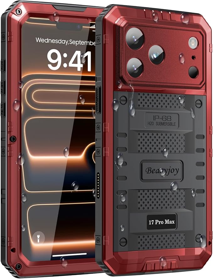 Beasyjoy for iPhone 17 Pro Max Case Waterproof, Heavy Duty Metal Case with Built-in Screen Protector, Full Body Rugged Military Grade Shockproof Dustproof Cover for Construction Outdoor 6.9", Red