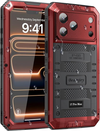 Beasyjoy for iPhone 17 Pro Max Case Waterproof, Heavy Duty Metal Case with Built-in Screen Protector, Full Body Rugged Military Grade Shockproof Dustproof Cover for Construction Outdoor 6.9", Red