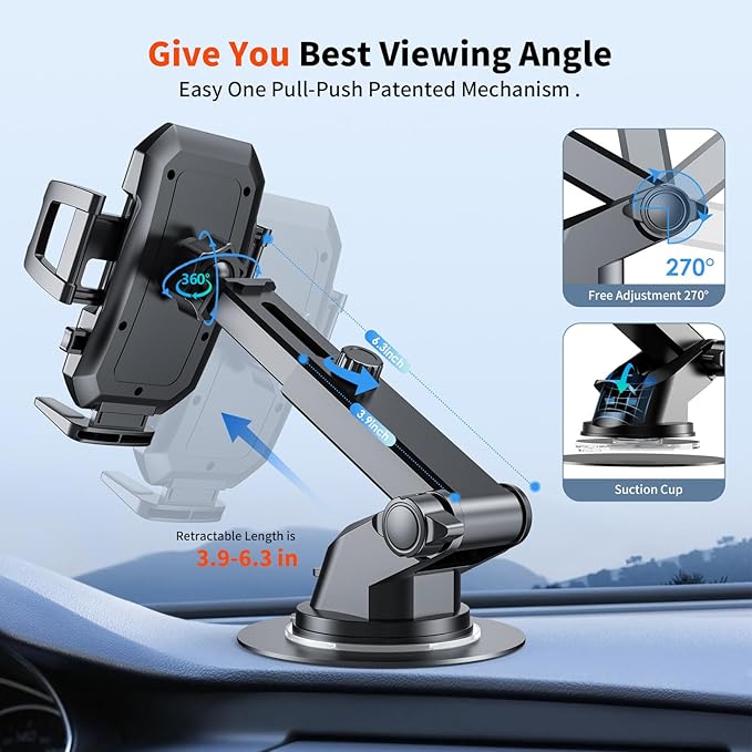 Upgraded 3-in-1 Car Phone Holder Mount [Powerful Suction] Phone Mount for Car Dashboard Air Vent Windshield,for All iPhone Android Phone, Dark Black