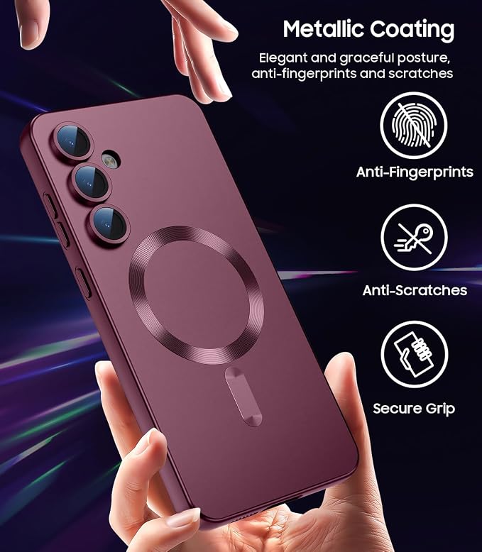Magnetic for Samsung Galaxy S24 FE Case [Compatible with MagSafe][Built-in Camera Lens Protector] Slim Soft Silicone Bumper Shockproof Metallic Luster Phone Cover (Burgundy)