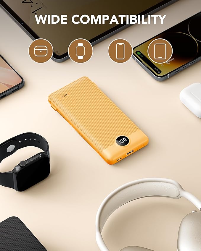 VRURC Portable Charger, Power Bank Built-in Cables and AC Wall Plug | USB C Power Bank 10000mAh Travel Essentials Phone Charger Compact External Battery Pack For Smart Phones, Tablets etc-Orange
