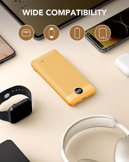 VRURC Portable Charger, Power Bank Built-in Cables and AC Wall Plug | USB C Power Bank 10000mAh Travel Essentials Phone Charger Compact External Battery Pack For Smart Phones, Tablets etc-Orange