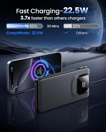 Portable Charger Power Bank with Built-in Cables Fast Charging | 22.5W Type C 10000mAh Phone Charger, Travel Battery Pack Slim Battery Bank with LED Display for iPhone, Android & USB C