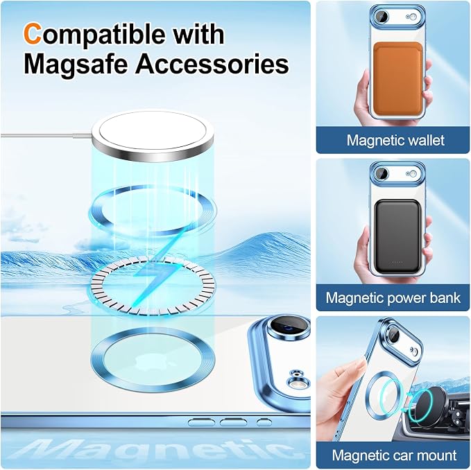 Hython for iPhone Air Case Glitter Clear Magnetic Phone Cases [Compatible with MagSafe] Full Camera Lens Protector Sparkle Luxury Plating Slim Shockproof Protective Cover Women, Light Blue
