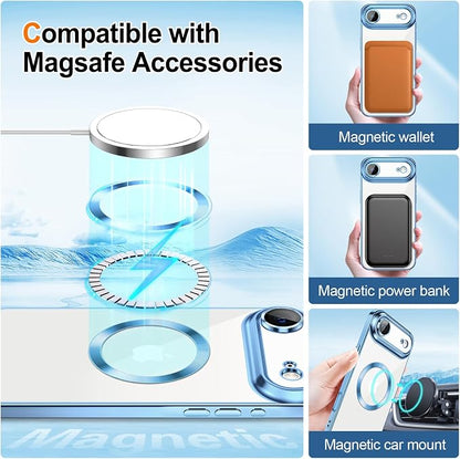 Hython for iPhone Air Case Glitter Clear Magnetic Phone Cases [Compatible with MagSafe] Full Camera Lens Protector Sparkle Luxury Plating Slim Shockproof Protective Cover Women, Light Blue