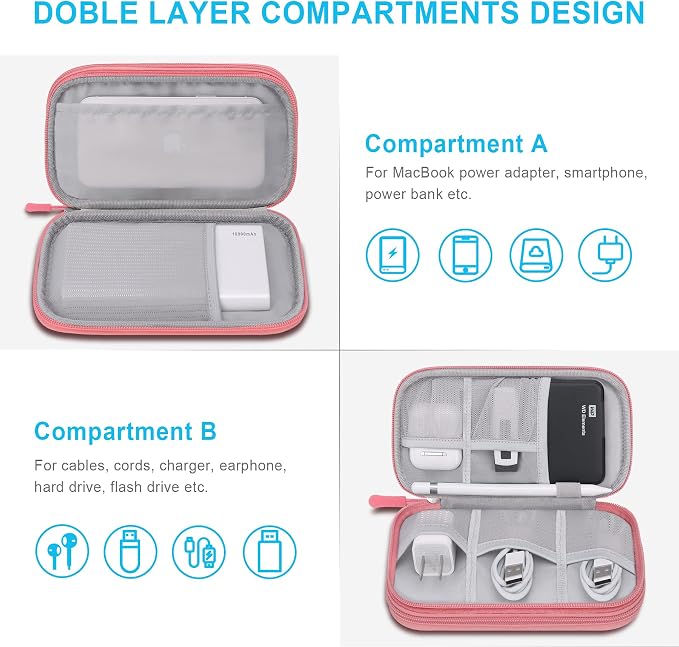 Lacdo Electronic Organizer, Travel Cable Organizer Bag Pouch Tech Electronic Accessories Carry Case Portable Double Layers Charger Case for Cable, Cords, Charger, Phone, Power Bank, Earphone, Pink
