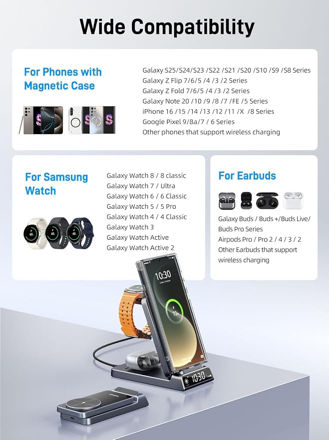 Wireless Charger for Samsung, Magnetic Charging Station for Galaxy S26 Ultra S25 S24, Z Fold/Flip & Buds4 Pro - 3 in 1 Android Phone Watch Charger - Nightstand Bedside Stand for Travel