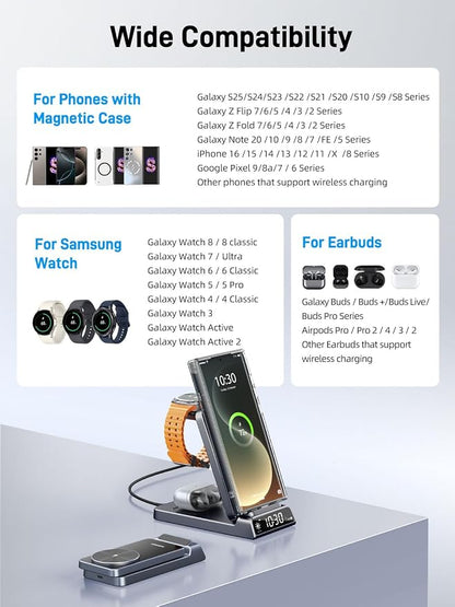 Wireless Charger for Samsung, Magnetic Charging Station for Galaxy S26 Ultra S25 S24, Z Fold/Flip & Buds4 Pro - 3 in 1 Android Phone Watch Charger - Nightstand Bedside Stand for Travel